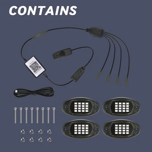 Vista 5 de 4 vainas RGB LED Rock Lights, kit multifunción de neón bajo el brillo del coche luces LED de roca intermitentes modo de música rueda luz debajo