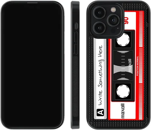 Vista 5 de Funda de goma negra personalizada con cinta de casete compatible con Apple iPhone 17 Pro Max Air, 17e, 16e, 16 Pro Max Plus, 15 Pro Max Plus, 14, 13