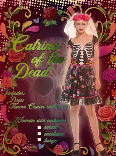 Vista 2 de FantastCostumes Disfraz del Día de los Muertos para mujer, disfraz de calavera de azúcar con velo de rosa