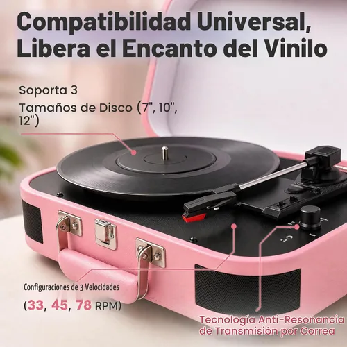 Vista 5 de Vintage Suitcase - Tocadiscos portátil Bluetooth de 3 velocidades con altavoces integrados, para discos de vinilo de 7/10/12 pulgadas (rosa)
