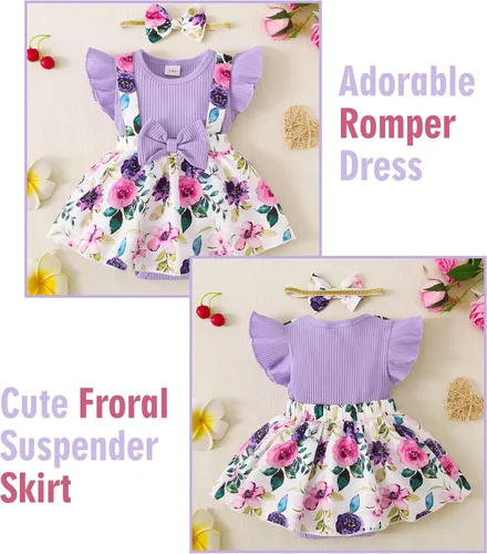 Vista 3 de HIGHUZZA Newborn Baby Girl Clothes Infant Dress Outfit Summer Romper Jumpsuit Headband Overall Skirt Clothing Set