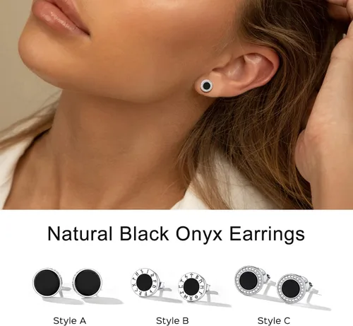 Vista 9 de ChicSilver Pendientes de tuerca de plata de ley 925 con runa vikinga de ónix negro natural para mujeres y hombres