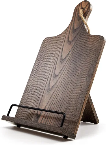 Vista 2 de FANATU Soporte para libro de cocina, de madera rústica, estilo tabla de cortar, soporte ajustable para libros de recetas para iPad y soporte