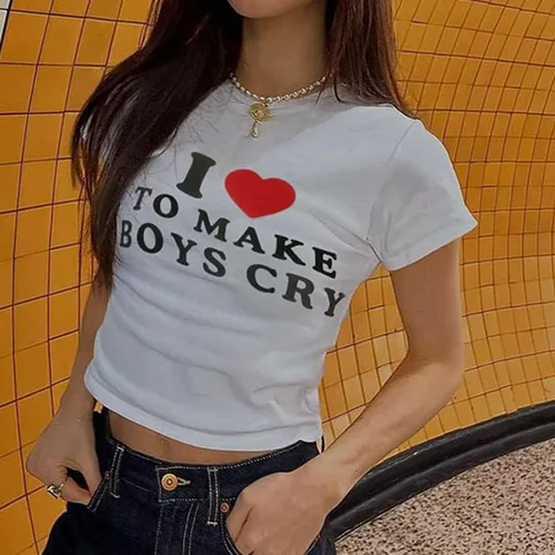 Vista 3 de Camiseta corta Y2K con estampado de letras y texto en inglés Grunge para mujer y niña