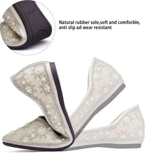 Vista 4 de Flats Shoes Women Rhinestone Fashion Wedding Shoes Rhinestone Pearl Diamond Pointed Head Ballet Flats