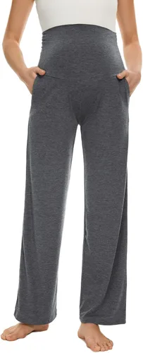 Vista 35 de Ecavus Pantalones de maternidad anchos y rectos para mujer, versátiles, cómodos, palazzo, elásticos, con bolsillos