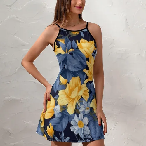 Vista 7 de Mini Cami Dress Spaghetti Strap Backless Flowy Sling Dress Blue Base Yellow Floral Summer Holiday Sundress