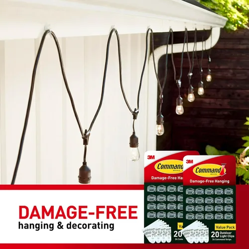Vista 5 de Command - Clips para luces de exterior, 40 transparentes y 48 tiras, suspensión sin daños con tiras resistentes al clima, clips de pared para colgar