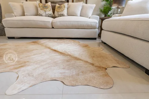 Vista 6 de Sunshine Cowhides Alfombra exótica de piel de vaca palomino 100% auténtica, color beige, alfombra de estilo moderno y alfombra para sala de estar