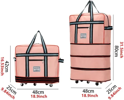 Vista 5 de Radefasun Bolsa de viaje Oxford expandible extra grande con ruedas, impermeable, ligera, plegable, maleta, Rosado, Equipaje extensible central