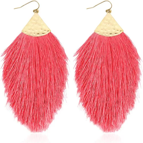 Vista 8 de Aretes bohemios de hilo sedoso con flecos y borlas – Ligeros, colgantes, con hebras y forma de pluma Fleco de plumas - Azul Aqua