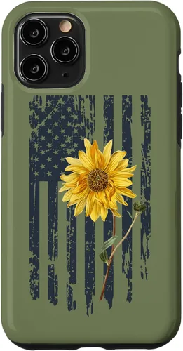 Vista 27 de iPhone 16 Yellow Sunflower Patriotic US American Flag Women Sage Green Case