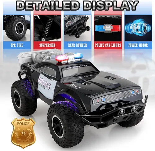 Vista 2 de Carox Coche de policía grande a control remoto con luces y sirenas para niños 1:8 coche policía con tres baterías recargables duradero RC camión