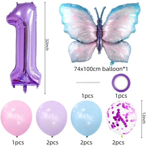 Vista 2 de 11 globos de mariposa enormes de 40 pulgadas, globos de Mylar de aluminio de número morado para decoración de fiesta de primer cumpleaños