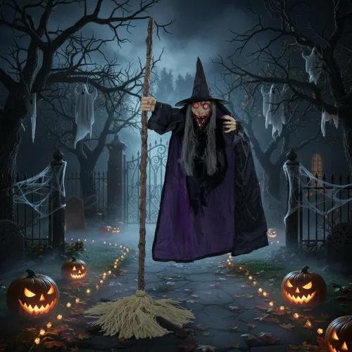 Vista 17 de Tangkula Bruja voladora de Halloween de 7 pies en decoración de escoba