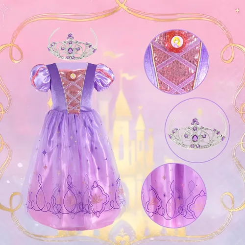 Vista 3 de Lingway Toys Disfraz de princesa de lujo para niñas, vestido de cosplay Rapunzel con accesorios