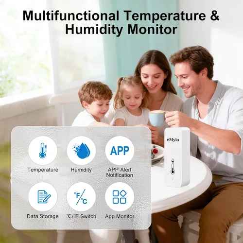 Vista 2 de eMylo WiFi Temperature Humidity Sensor, Wireless Indoor Thermometer Hygrometer with App Alert, Free Data Storage Export, Smart Temperature Humidity