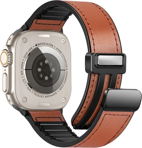 Vista 25 de Correas de cuero magnéticas compatibles con Apple Watch 42mm (Serie 10/11) 41mm 40mm 38mm para hombres y mujeres, cuero genuino con hebilla