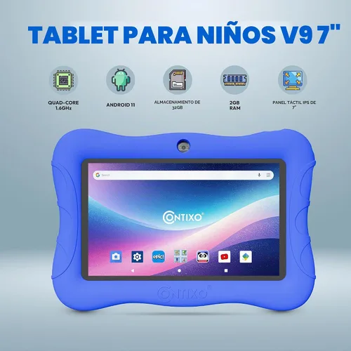 Vista 2 de Contixo Tablet Android Kids de 7" de 32 GB, incluye más de 50 libros de cuentos y calcomanías de Disney (valor de $200), funda protectora con Azul