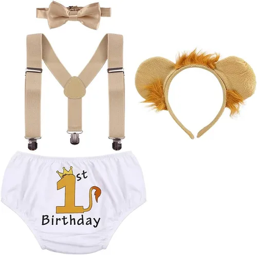 Vista 2 de Conjunto de ropa de bebé niño León Fox Cake Smash Wild One 1er cumpleaños Bloomers cubierta de pañales, tirantes y corbata de moño