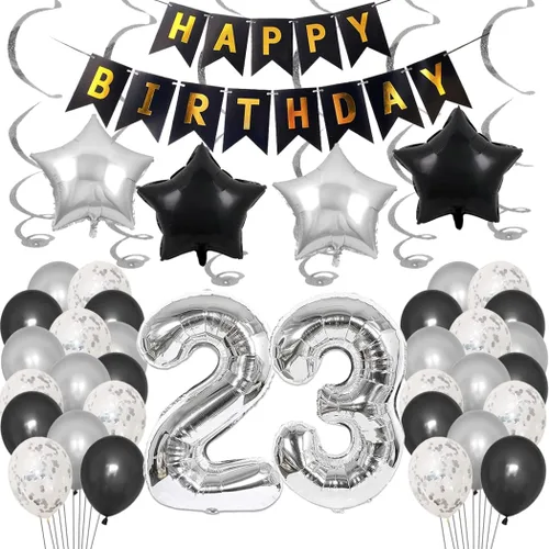 Vista 8 de Juego de decoraciones de fiesta de cumpleaños número 14 para niñas, niños, mujeres y hombres, pancarta de letras negras de feliz cumpleaños, globos