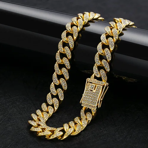 Vista 4 de Collar de cadena de eslabones cubanos de Miami, cadena de diamantes de circonita cúbica, joyería de hip hop, regalos para hombres y mujeres, oro