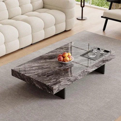 Vista 9 de Mesa de centro cuadrada de 43.3 pulgadas para sala de estar, moderna mesa de centro de piedra sinterizada gris con base de acero al carbono negro