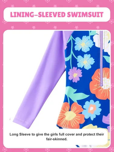 Vista 5 de Angel season Trajes de baño de manga larga para niñas, traje de baño de una pieza con protección contra erupciones, UPF50+ para niños pequeños