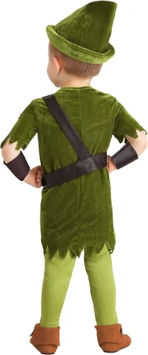 Vista 3 de Disfraz clásico de Peter Pan para niños pequeños con túnica, sombrero, leggings, cinturón y puños para Halloween y juegos de disfraces