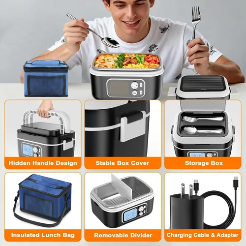 Vista 7 de Fiambrera eléctrica inalámbrica de 6.3 tazas para adultos, lonchera térmica de 24000 mAh para hombres, alimentada por batería con calefacción
