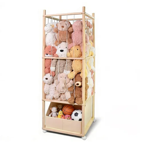 Vista 8 de Almacenamiento de animales de peluche para niños, almacenamiento de zoológico de animales de peluche de madera con ruedas de freno, organizador