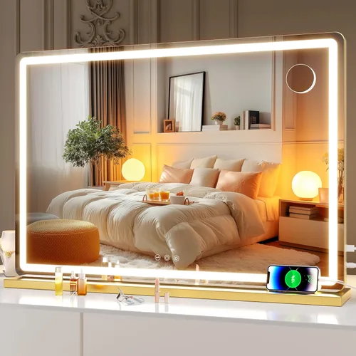 Vista 27 de Hasipu Espejo de tocador con luces, espejo LED de maquillaje de 31.5 x 22 pulgadas, espejo de maquillaje iluminado con 3 modos regulables, espejo