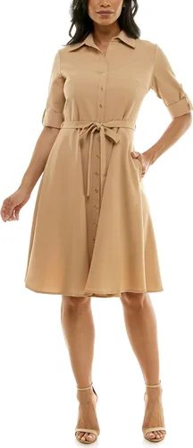 Vista 14 de Sharagano Vestido camisero plisado para mujer, manga 3/4, cuello en V, botones dorados Acacia