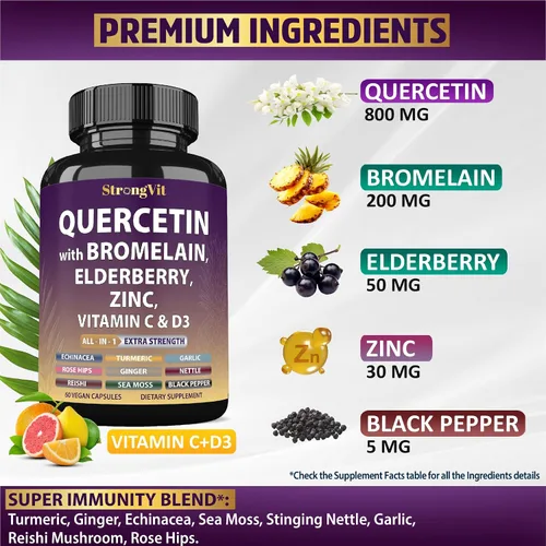 Vista 2 de StrongVit Quercetina con bromelina, saúco, vitamina C, D3 y zinc. Suplemento de apoyo súper inmunológico. Complejo orgánico para hombres y mujeres