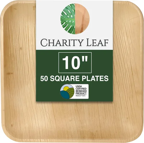 Vista 12 de Platos cuadrados desechables de hoja de palma Charity Leaf de 9" (22.86 cm) (50 piezas) Platos de servir tipo bambú, tablas desechables, vajilla