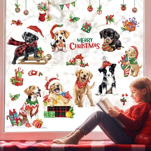 Vista 3 de decalmile Adhesivos de ventana de Navidad para perros y cachorros, reutilizables, para mascotas, perros, Navidad, doble cara, impresos, calcomanías