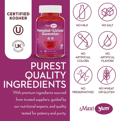 Vista 6 de Maxi Health Gomitas prenatales orgánicas para mujer, gomitas prenatales con sabor a cereza kosher, vitaminas prenatales para mujeres con ácido