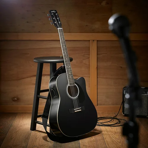 Vista 2 de Ashthorpe Paquete de Guitarra Acústico-Eléctrica Dreadnought Cutaway de Tamaño Completo - Maderas Tonales Premium - Negro