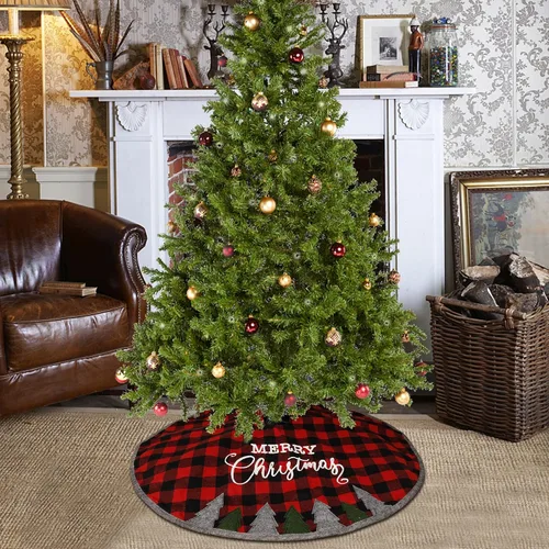 Vista 7 de Juegoal Falda de árbol de Navidad de 32 pulgadas, tapete de árbol de Navidad suave a cuadros rojos y negros para decoración de fiestas de Navidad
