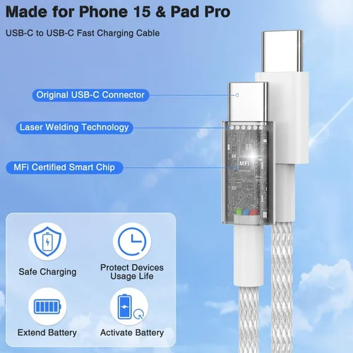 Vista 2 de Cargador para iPhone 17 y 16, carga rápida, tipo C, 20 W, USB C, bloque para iPad, con cable USB-C tejido de 6 pies, sincronización de datos de 60 W