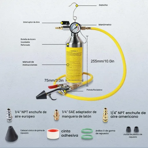 Vista 7 de Kit de Descarga de Aire Acondicionado CMTOOL, Herramienta de Descarga Automotriz y para el Hogar, Botella de Acero Inoxidable Espesado, Juego