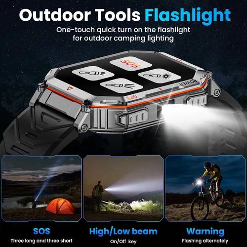 Vista 4 de Reloj inteligente GPS militar para hombres, asistente de voz GPT, reloj inteligente con linterna LED, pantalla HD de 2.01" con Bluetooth