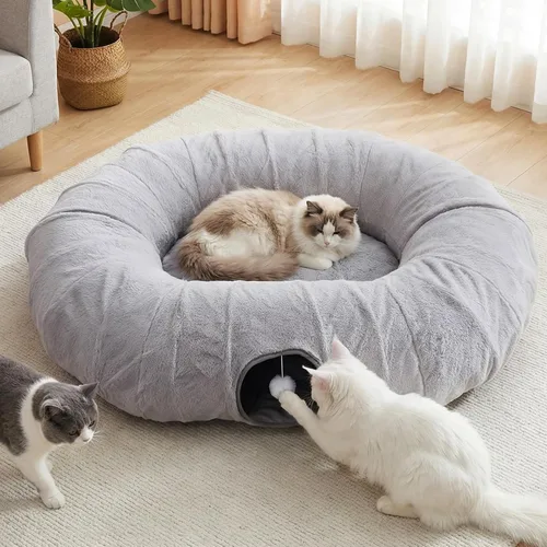 Vista 9 de Cama túnel para gatos de interior, túnel de lino natural refrescante para gatos, túnel transpirable de 29.5 pulgadas para gatos con tapete lavable