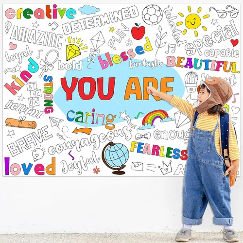 Vista 5 de Naozinebi Póster para colorear positivo para niños, póster gigante con texto en inglés "You Are Coloring", gran afirmaciones positivas, mantel