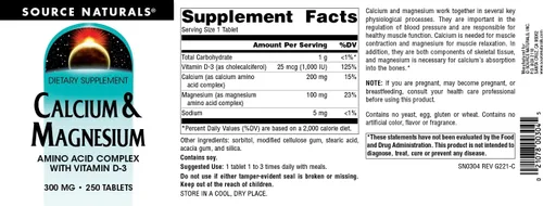 Vista 4 de Source Naturals Calcio y magnesio, complejo de aminoácidos con vitamina D-3, 300 mg - 250 tabletas