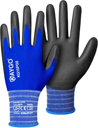 Vista 18 de KAYGO Guantes de trabajo con revestimiento de poliuretano 12 pares, KG15P, forro de nailon con revestimiento de poliuretano flexible, guantes