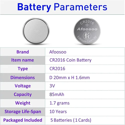 Vista 2 de CR2016 - Batería de moneda de litio de 3 V, paquete de 5 pilas de botón CR 2016, baterías de 3 voltios 85 mAh para llave de coche, llavero