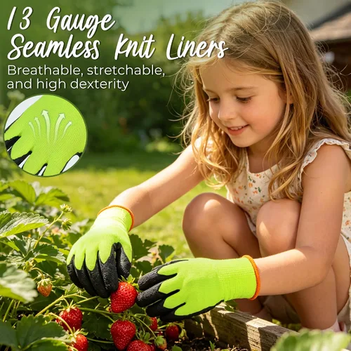 Vista 3 de HANDLANDY 3 pares de guantes de jardinería para niños sin látex, guantes de jardín para niños y niñas con revestimiento de nitrilo para niñas y Verde