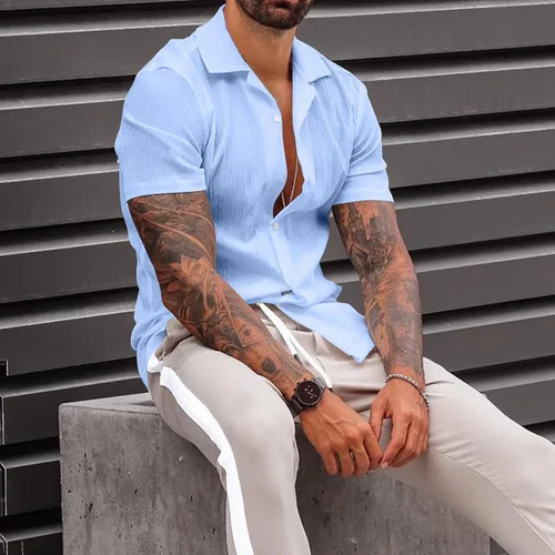 Vista 2 de Camisas casuales con botones para hombre, manga corta, color sólido, para yoga, playa, hawaiano, verano, vacaciones