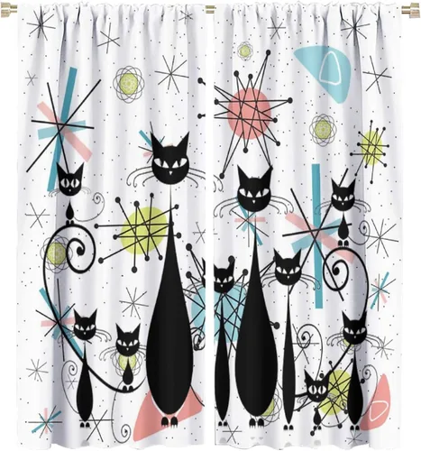 Vista 57 de Cortinas de estilo de mediados de siglo, diseño geométrico abstracto moderno, diseño retro, estampado de gato negro, para dormitorio, sala de estar
